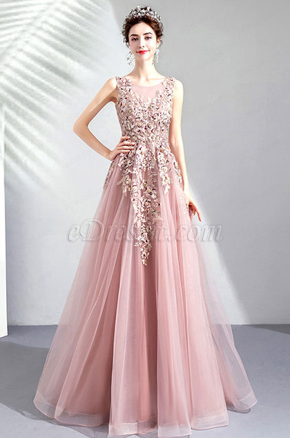 pink embroidered prom dress