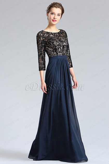 Black&Blue 3/4 Sleeves Mother of the Bride Dress 