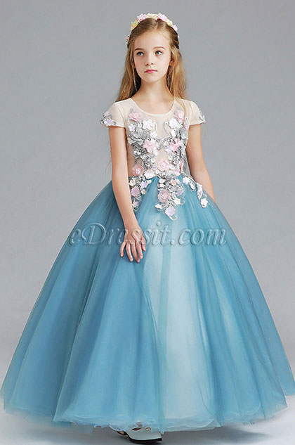 Princess Blue Children Wedding Flower Girl Dress 