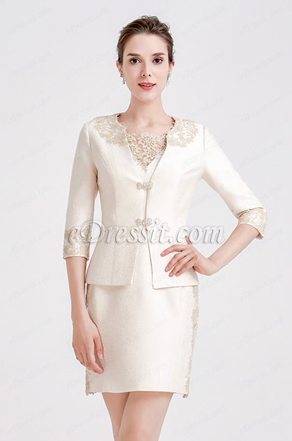 beige embroidery two pieces suit mother of the bride dress