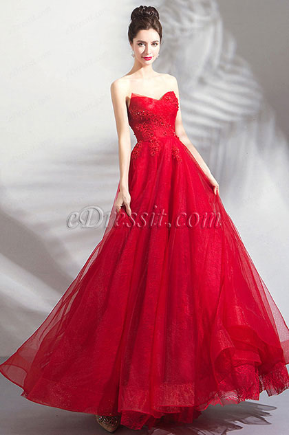 Red Sweetheart Pleated Formal Party Ball Dress 