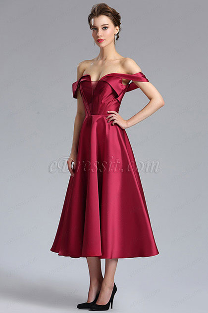 Burgundy Off the Shoulder V Cut Cocktail Prom Dress 