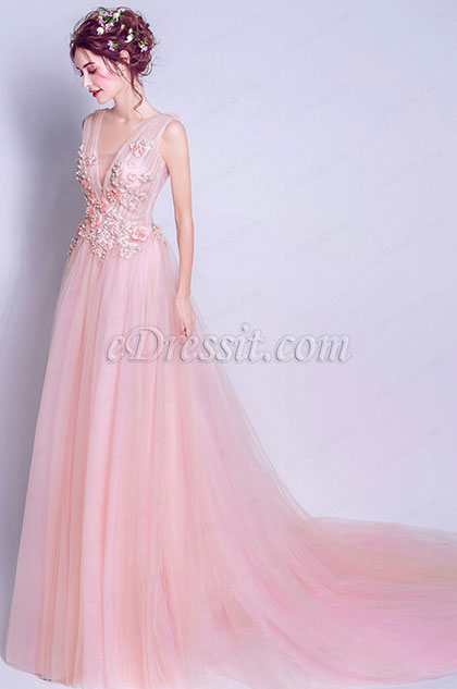 Pink Deep V -Cut Straps Elegant Party Ball Dress 