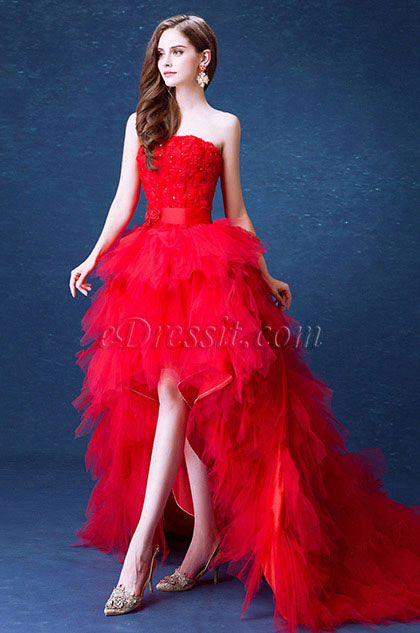 corset fitted high low prom gown