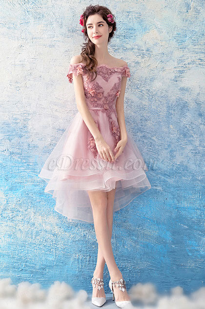 Pink Floral Tulle Cocktail Party Prom Dress