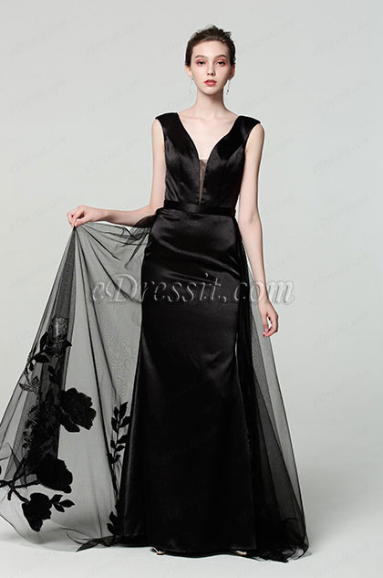 New Black V-Neck Overlay Prom Gown Evening Dress