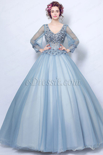 Blue-Grey V-Cut Floral Puffy Party Ball Evening Dress 