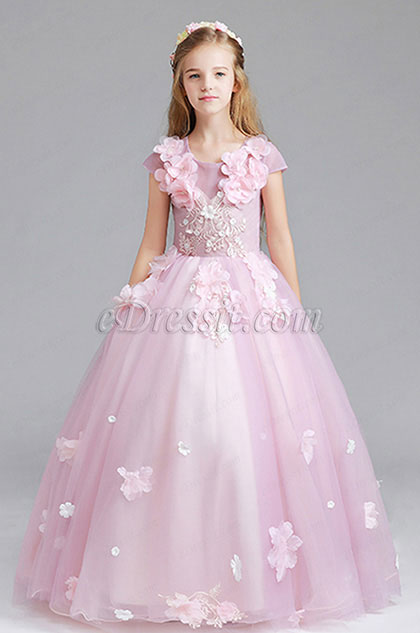 Pink Cap Manches Children Wedding Flower Girl Dress 