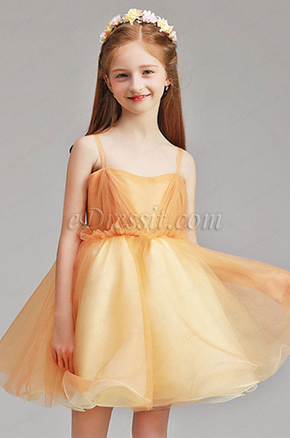 Simple Spaghetti Yellow Wedding Flower Girl Party Dress