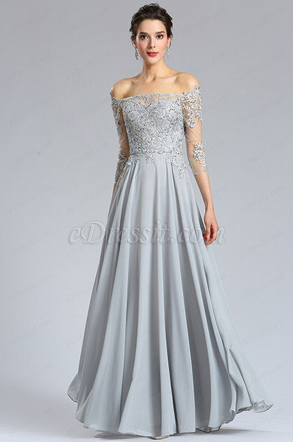 long sleeve grey prom dress