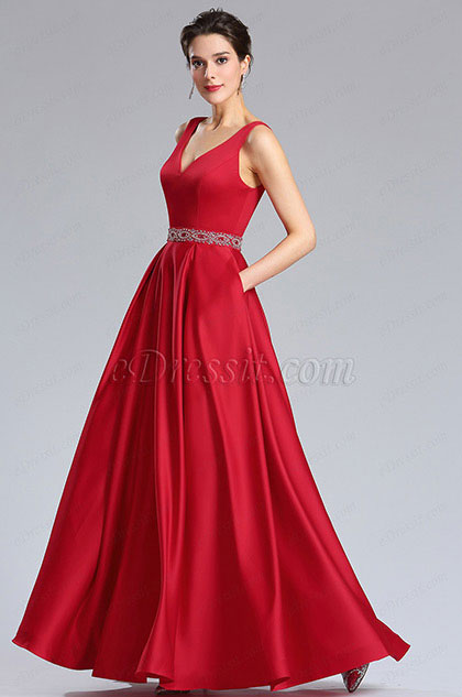 Red Beaded waistline Plunging V Neck Formal Prom Dress