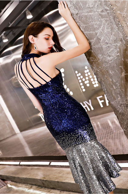 New Sexy Halter Blue-Silver Sequins Party Prom Dress 
