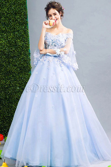 Blue OFF Shoulder Embroidery Prom Evening Dress 