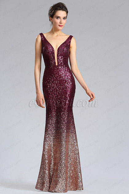 Elegant Deep V-Cut Burgundy-Gold Sequins Party Dress