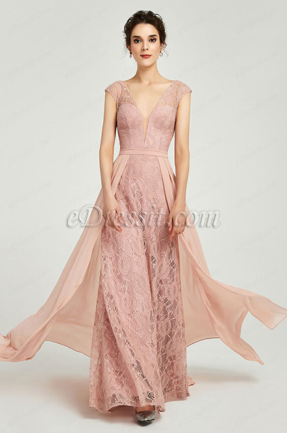 New Cap Sleeves V-Neck Prom Gown Evening Dress 