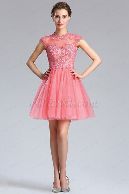 Lace Applique Coral Cocktail Dress Party Dress 