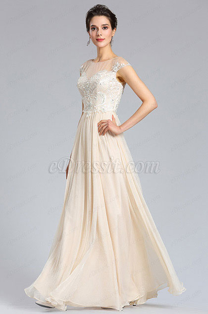 Elegant A Line Cap sleeve Beige Prom Evening Dress 