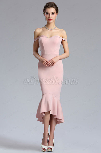 Rose Pink Off Shoulder Tea Length Prom Dress 