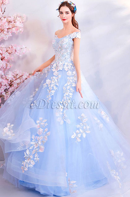 Light Blue Off-Shoulder Lace Applique Tulle Party Prom Dress