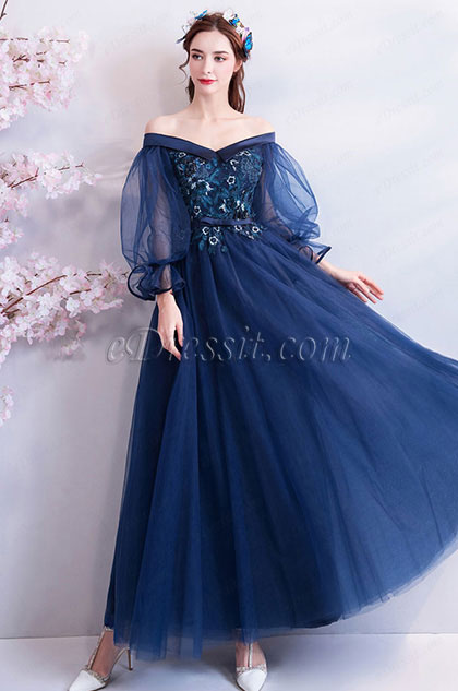 dark blue off shoulder dress