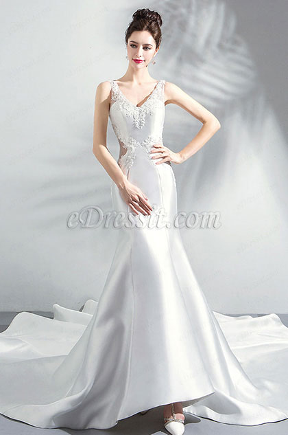 Edressit Sexy V Cut Sheer Back Long Train Party Wedding Dress