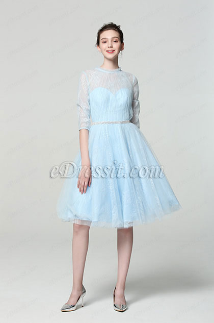 Fresh Blue High Neck Tulle Cocktail Party Dress