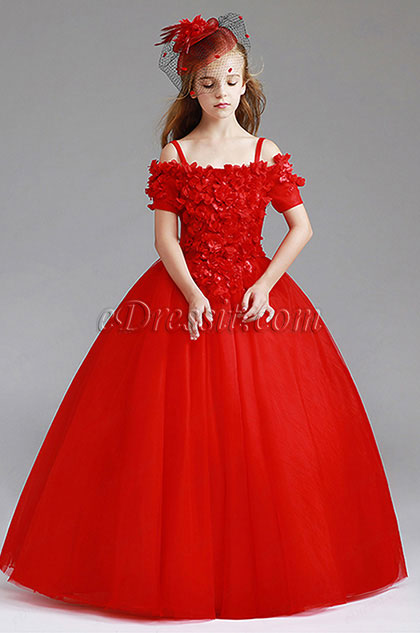 Red Off Shoulder Children Wedding Flower Girl Dress 