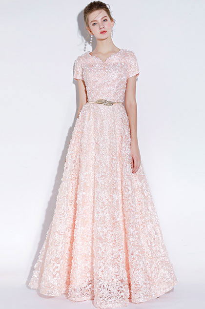 Light Pink Short Sleeves Long Party Evening Ball Dress