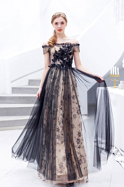 off the shoulder black prom dress