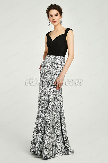 Elegant Velvet&Print Straps Evening Dress Prom Gown