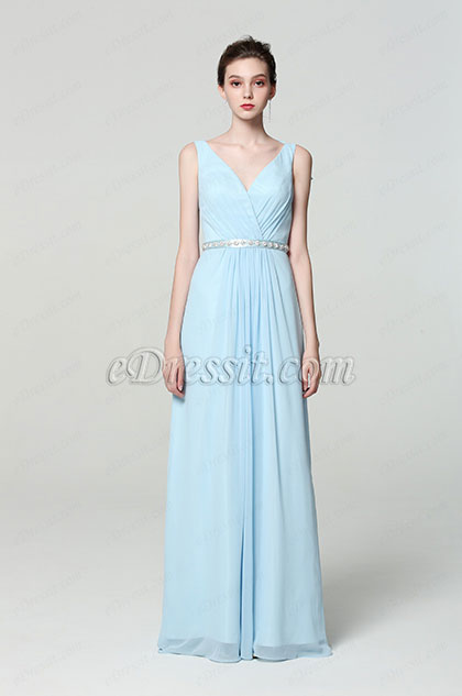 NEW V Cut Fresh Blue Bridesmaid Evening Dress