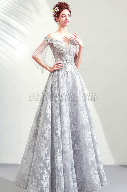 off the shoulder grey prom dress
