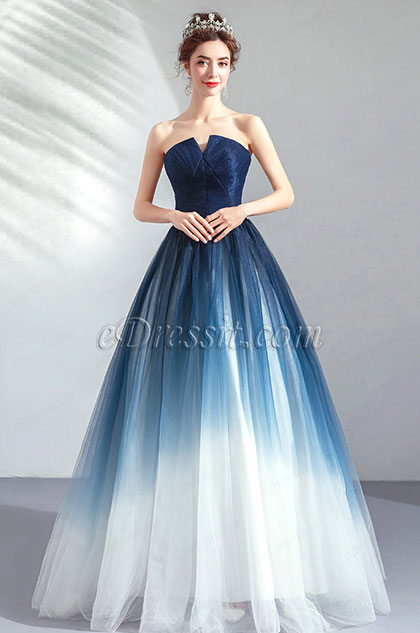 Sexy Strapless Blue&White Evening Dress Party Gown 