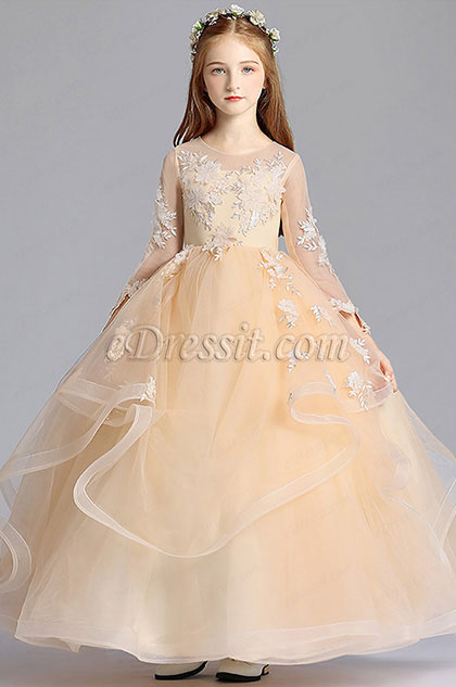 Long Beige Princess Party Stage Flowergirl Dress 