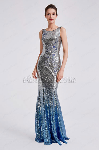 silver and blue sequin dress
