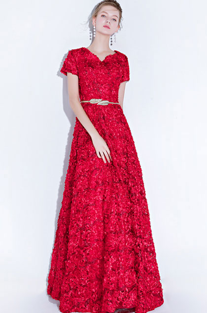 Short Sleeves Floral Long Party Evening Ball Dress