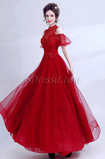 high neck off shoulder dress