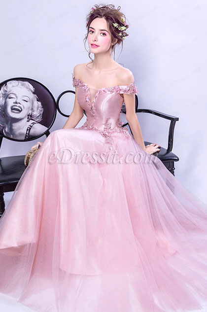Pink Off Shoulder Floral Lace Party Ball Dress 