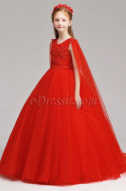 Red Long Children Wedding Flower Girl Dress 