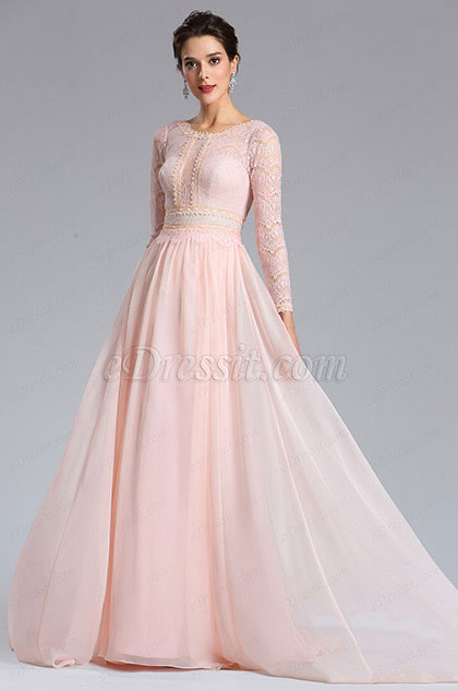 Pink Lace Long Sleeves Prom Evening Dress