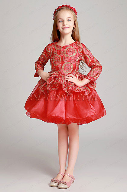 Cute Red 3/4 Sleeves Wedding Flower Girl Party Dress 