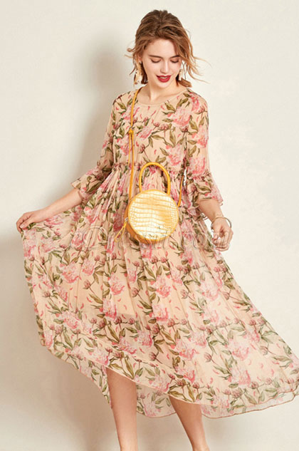 Round Neck Silk Printed Dress Summer Dress