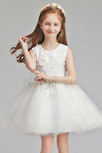 White Tulle Short Sleeves Wedding Flower Girl Party Dress