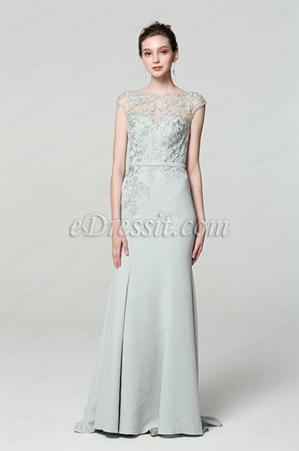 Grey Cap sleeves Embroidery Prom Party Dress