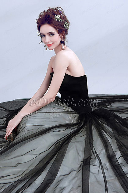 Black&Grey Strapless Fitted V-Cut Bodice Prom Gown 