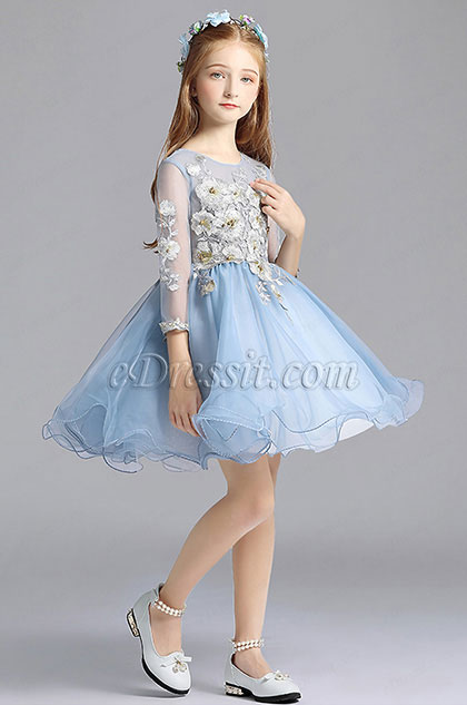 Blue Long Sleeves Cute Wedding Flower Girl Party Dress