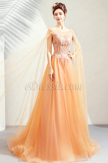 Orange Elegant Long Tulle Bride Wedding Dress 