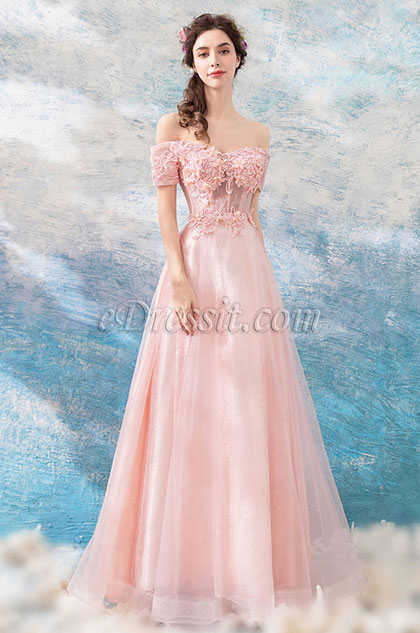 Pink OFF Shoulder Embroidery Party Ball Gown 