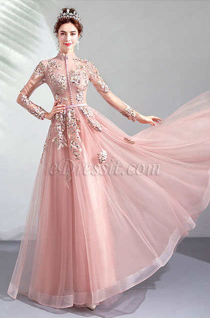 High Neck Long Sleeves Embroidery Party Prom Dress 