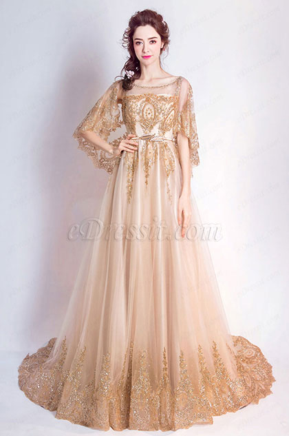 Noble Gold Cape Top Long Train Party Prom Dress 